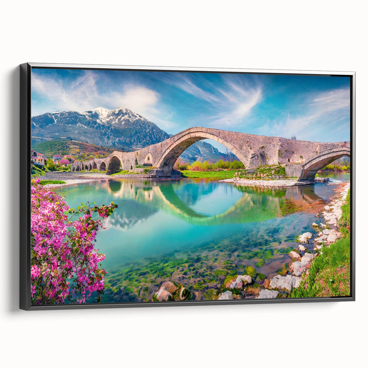 Black and white landscape art painting of Albania on framed canvas, ideal for bedroom wall decor.
