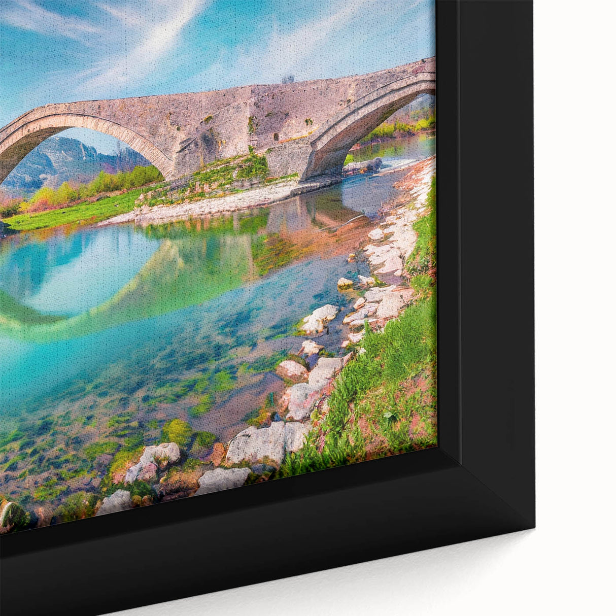 Extra large framed canvas featuring a textured depiction of an Albanian landscape in black with vibrant, colorful accents.