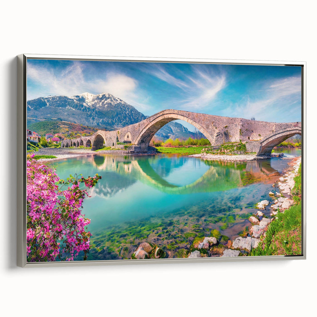 Landscape painting of a European scenery in Albania on framed canvas, featuring muted earth tones.