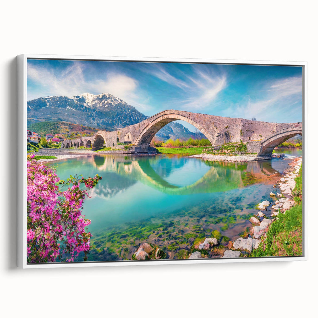 Framed canvas of a vintage-style landscape painting depicting an Albanian scenery in colorful tones.
