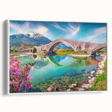 Framed canvas of a vintage-style landscape painting depicting an Albanian scenery in colorful tones.