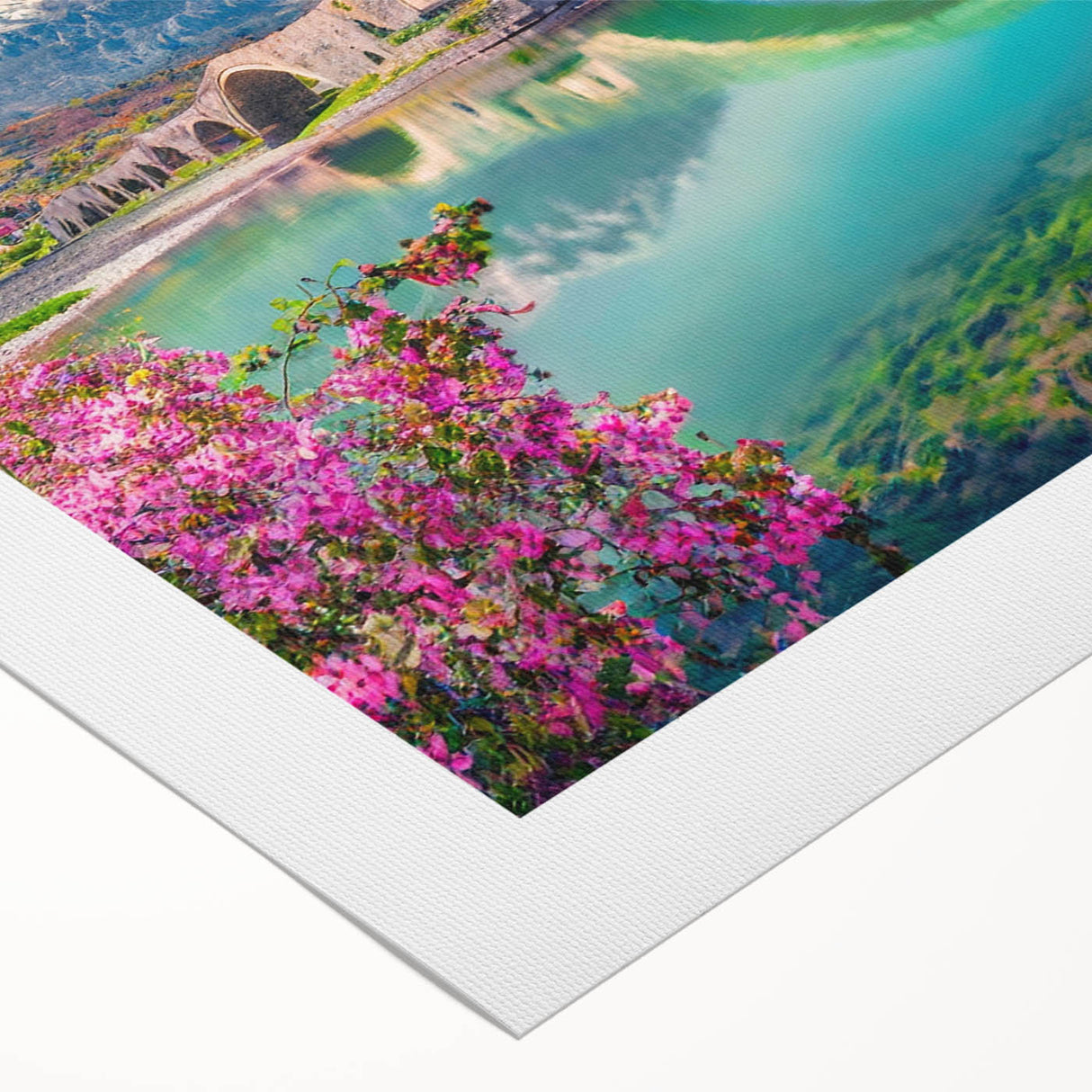 Art deco poster featuring a serene Albanian landscape in muted green and blue tones on rolled canvas.
