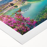 Art deco poster featuring a serene Albanian landscape in muted green and blue tones on rolled canvas.