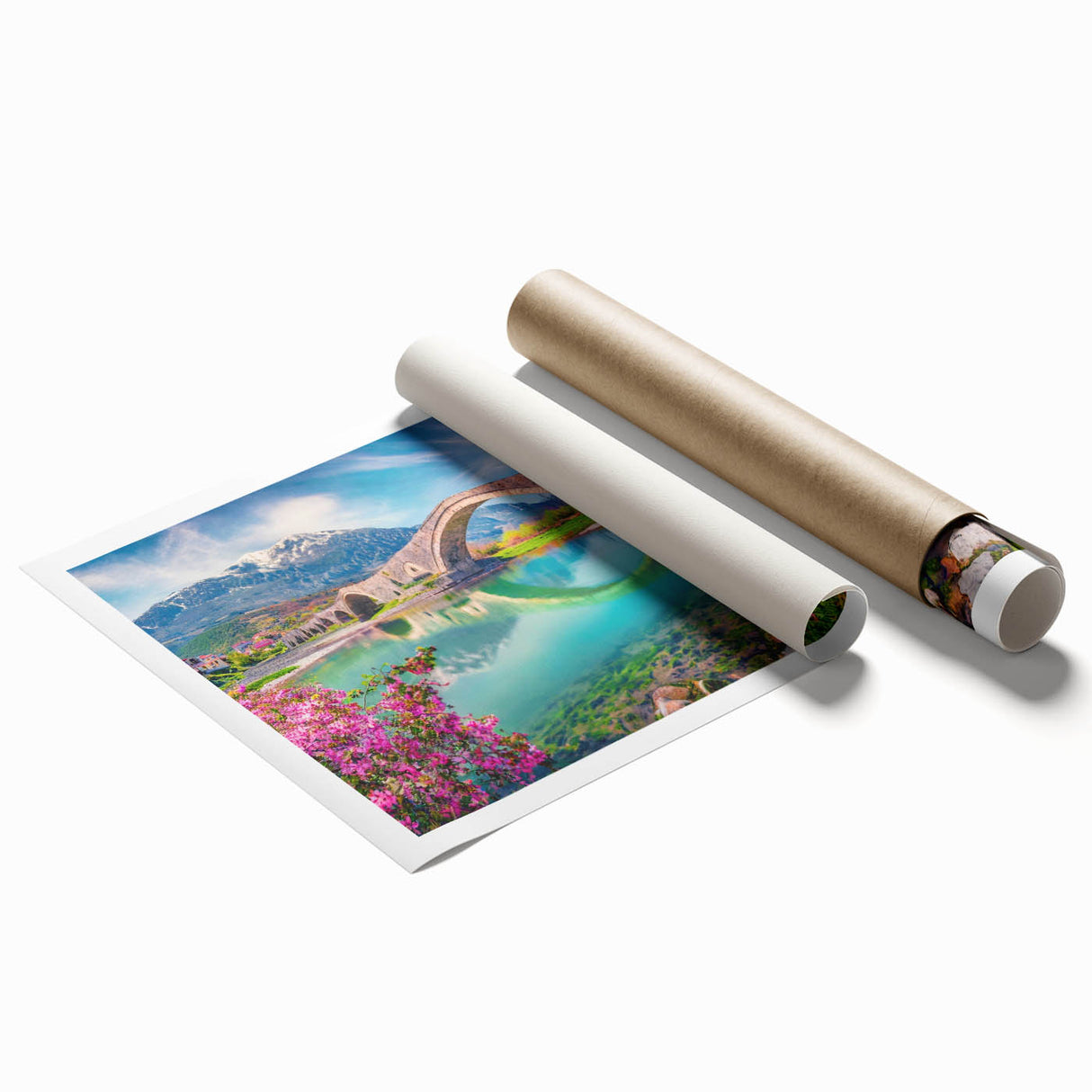 Extra large rolled print featuring a floral scene in vibrant greens and pinks.