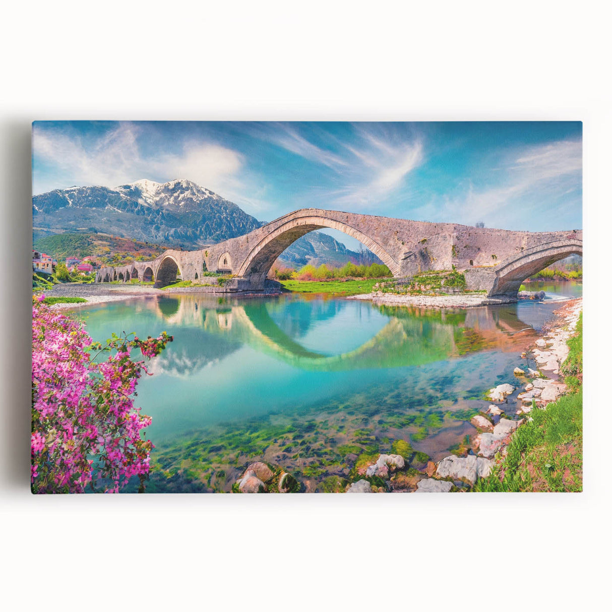 Black and white stretched canvas featuring a panoramic view of an Albanian landscape, ideal for kitchen wall art.