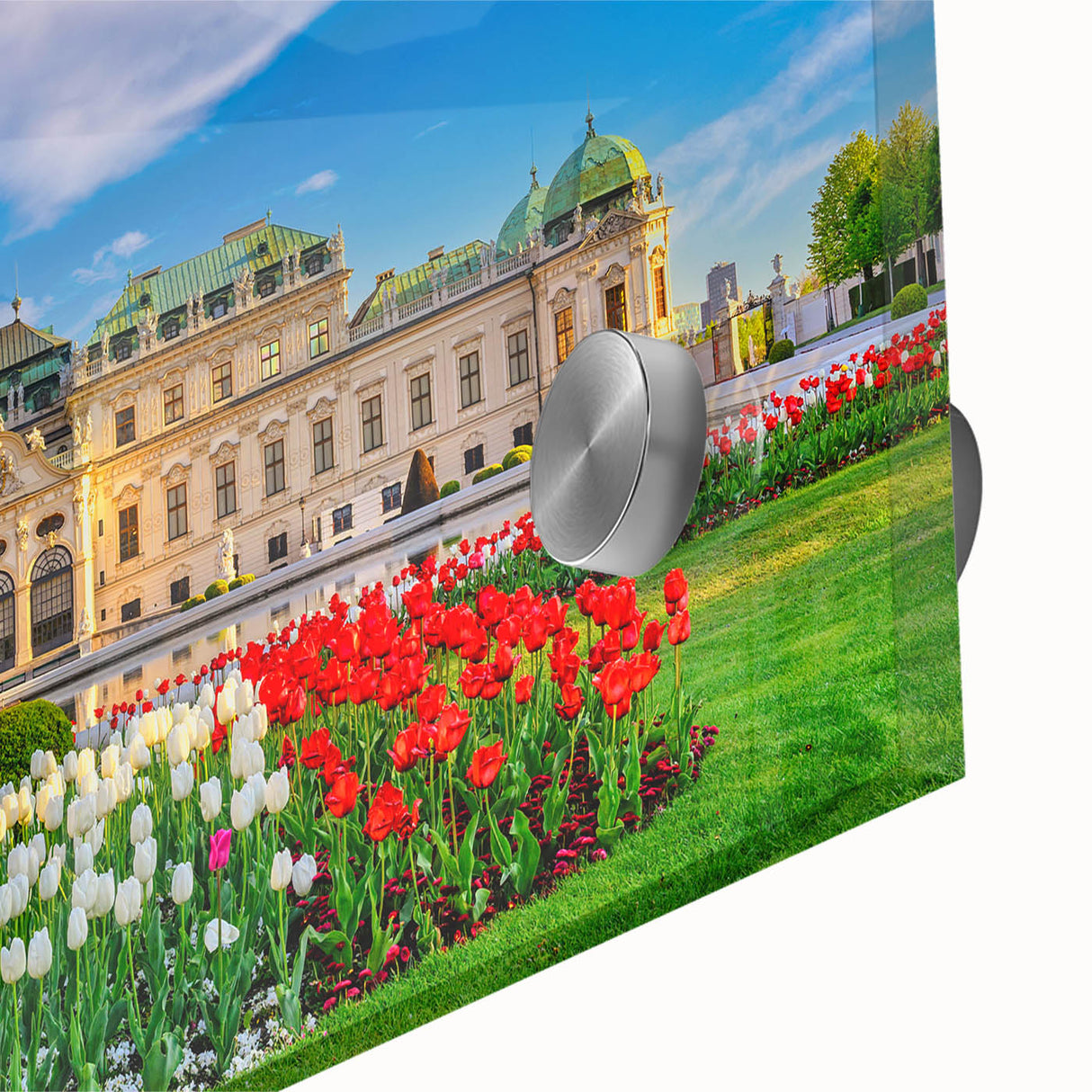 Acrylic print of a serene Austrian landscape in soft blue and green tones, ideal for bedroom or dining room art.