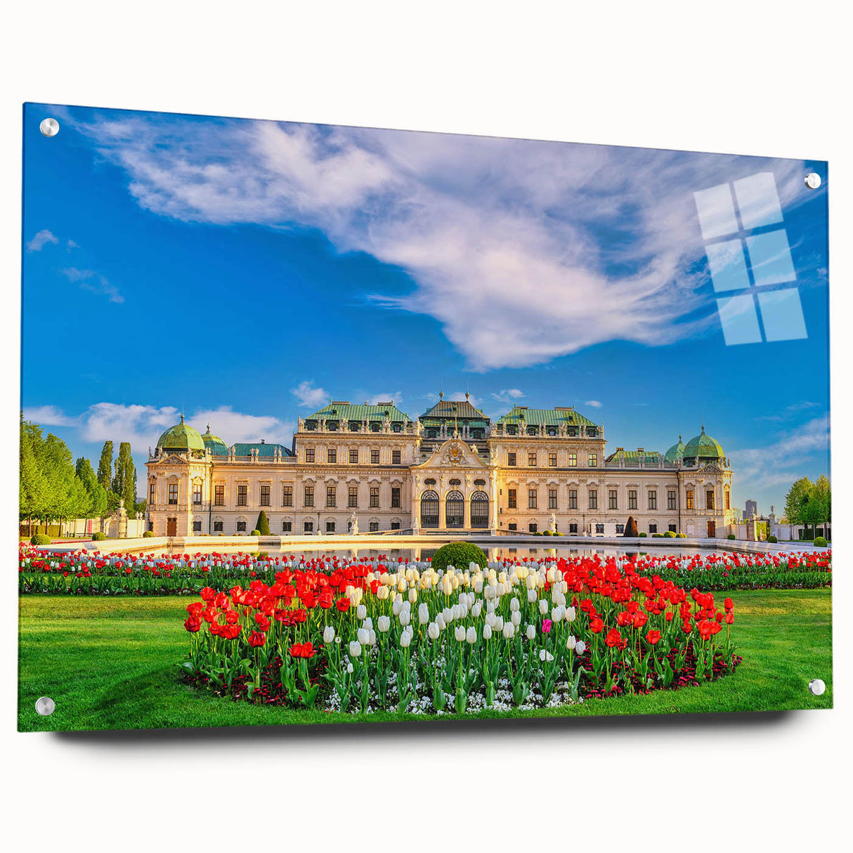 Acrylic print of a European landscape with vibrant greens and blues, ideal for dining room decor.