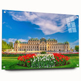 Acrylic print of a European landscape with vibrant greens and blues, ideal for dining room decor.