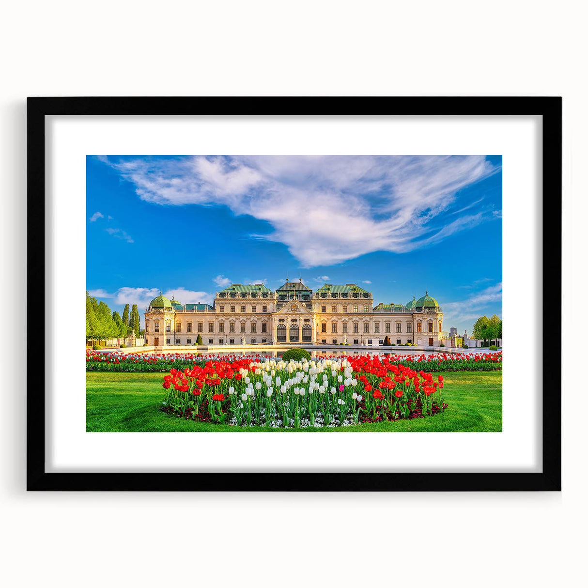 Extra large abstract art print of a colorful, textured European scenery on a framed black mat, ideal for living room decor.