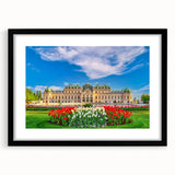 Extra large abstract art print of a colorful, textured European scenery on a framed black mat, ideal for living room decor.