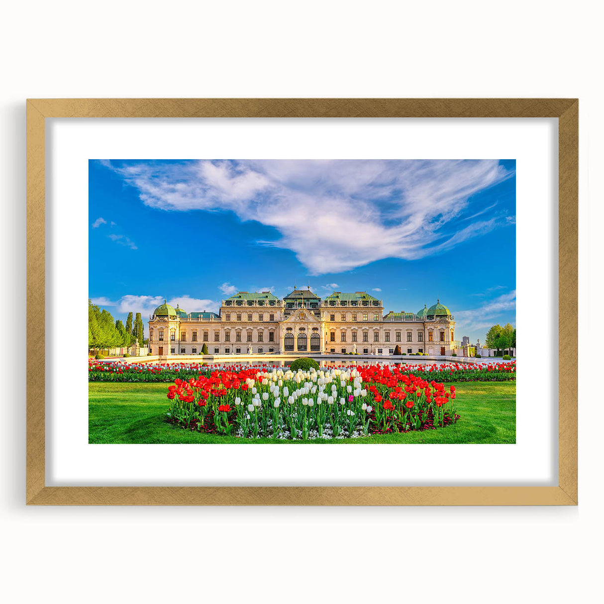 Abstract art print of a European landscape in muted earth tones, framed in gold, suitable for bedroom or dining room decor.