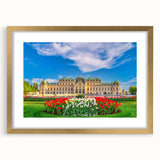 Abstract art print of a European landscape in muted earth tones, framed in gold, suitable for bedroom or dining room decor.