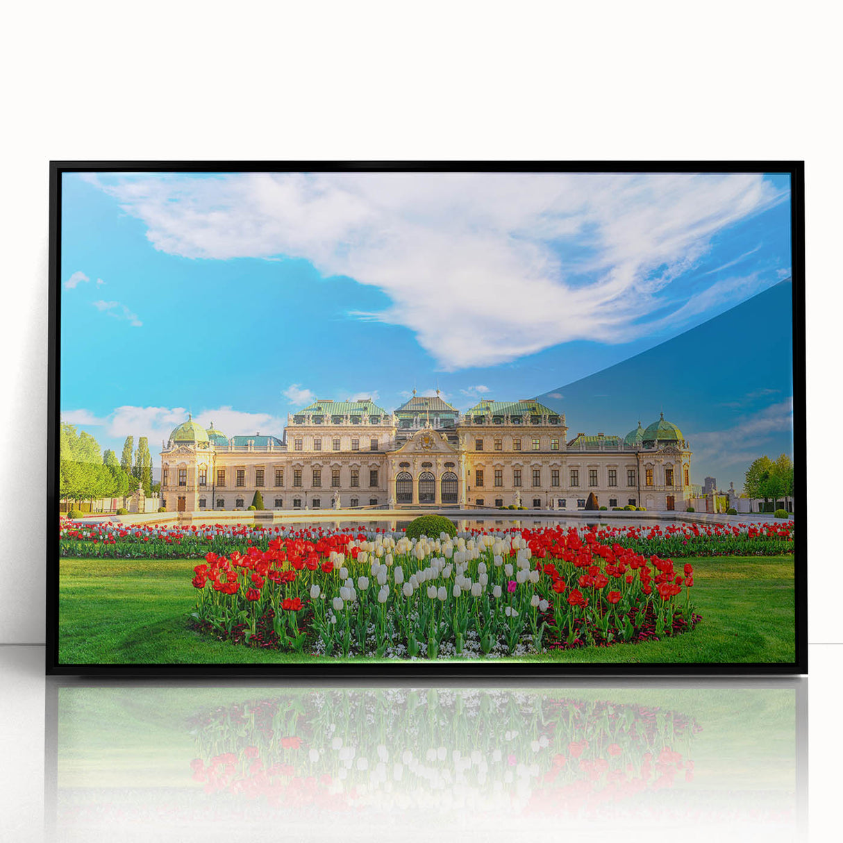 Large abstract wall art depicting a European Austrian landscape in muted earth tones, framed in black acrylic.