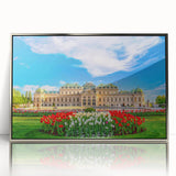 Large acrylic print featuring a serene Austrian landscape in muted earth tones, framed in silver.