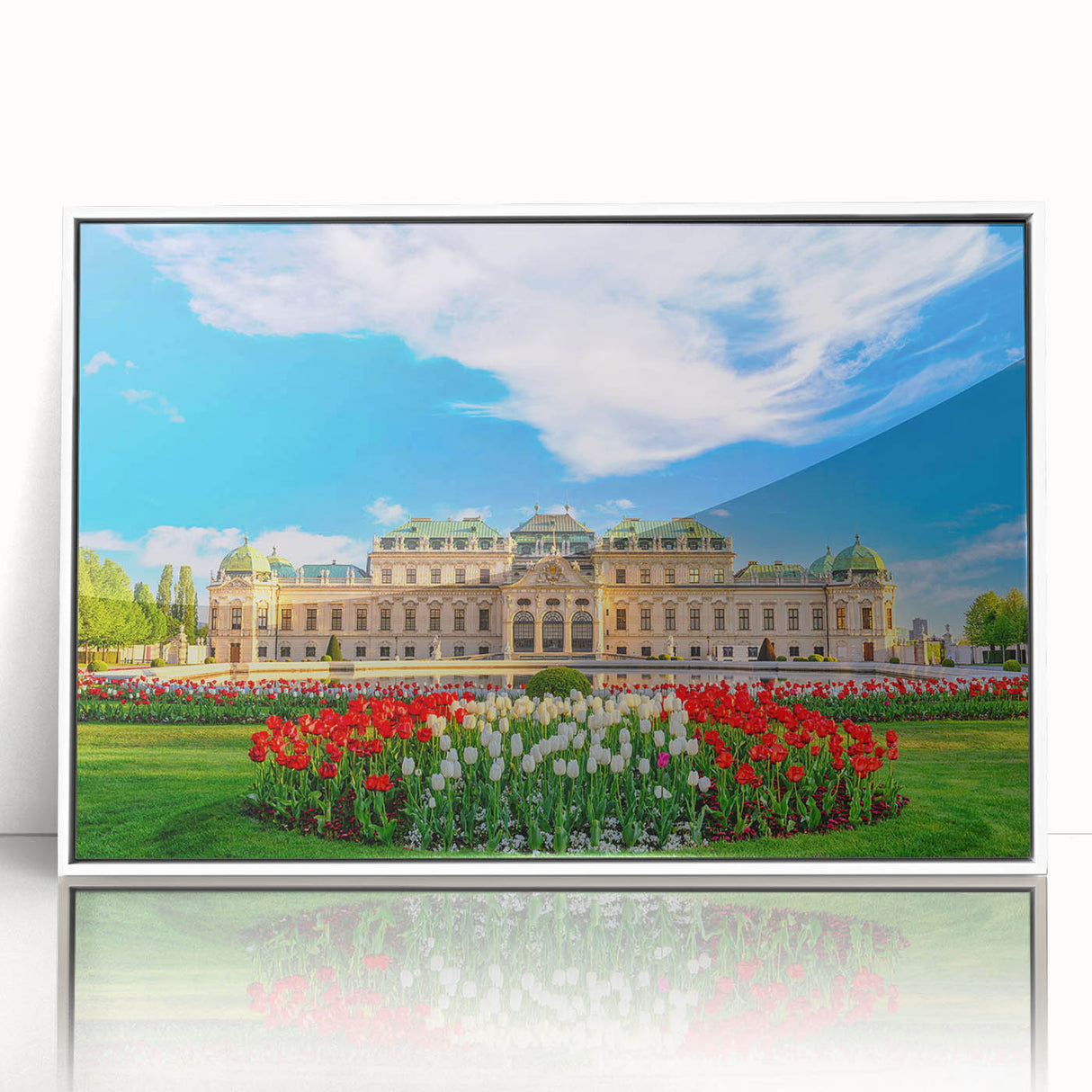 Mid-century modernist art depicting a serene Austrian landscape on a white framed acrylic, with muted earth tones.
