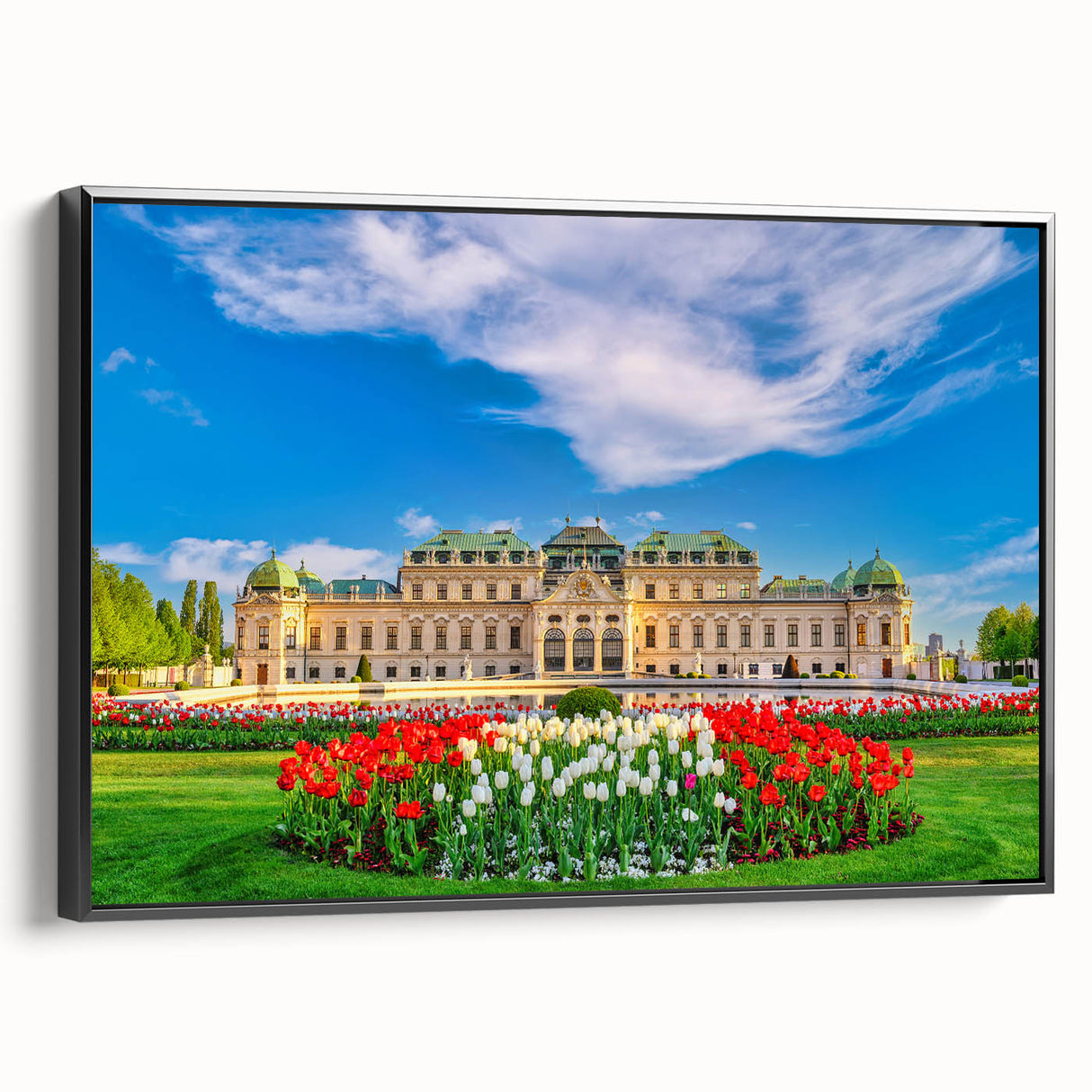 Black and white framed canvas depicting a vintage Austrian landscape, ideal for bedroom wall decor.