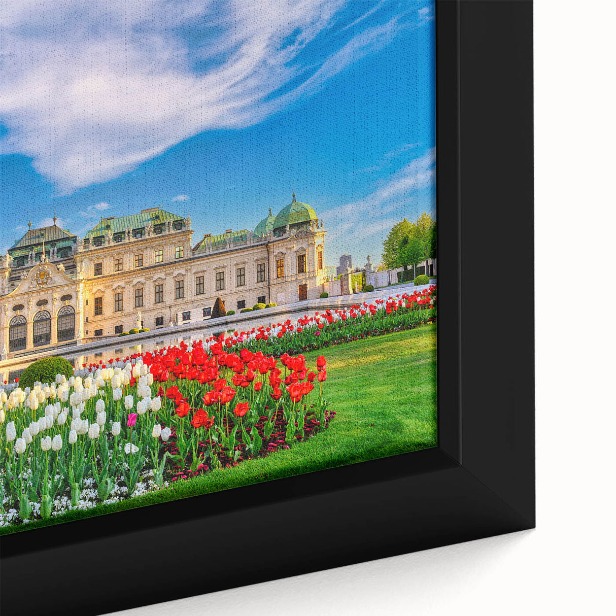 Black wall art depicting a textured Austrian landscape in vibrant colors on a framed canvas, ideal for living room decor.