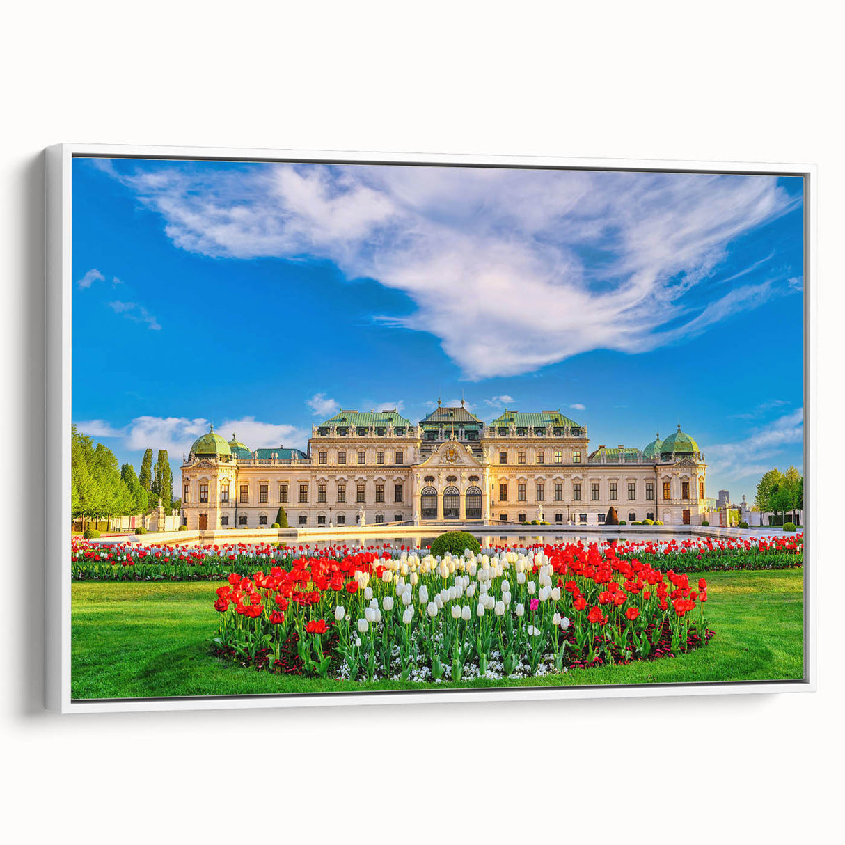 Vintage poster art of a European Austrian landscape on framed canvas, featuring colorful art in extra large format.