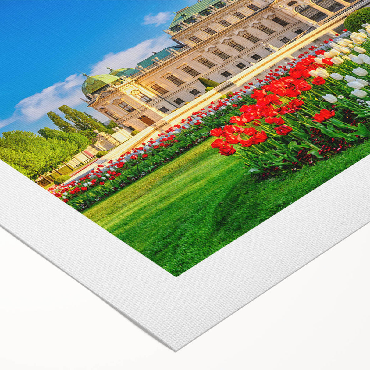 Art deco poster of a serene Austrian landscape in muted green and blue tones on rolled canvas.
