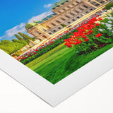Art deco poster of a serene Austrian landscape in muted green and blue tones on rolled canvas.