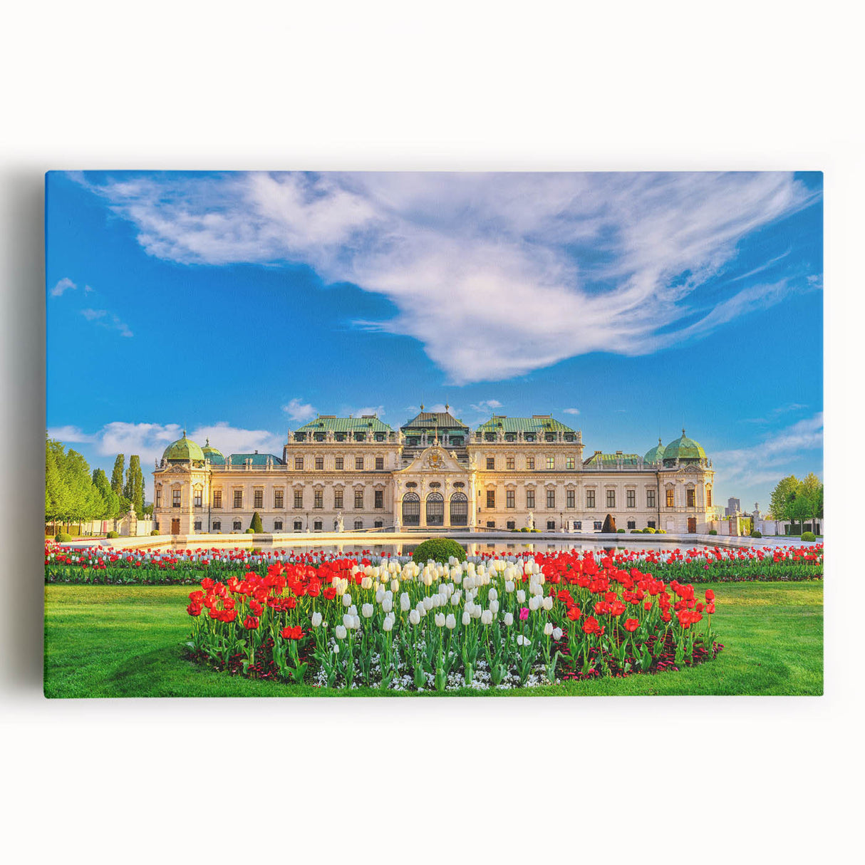 Black and white stretched canvas of a scenic European village, ideal for kitchen wall art or bedroom decor.