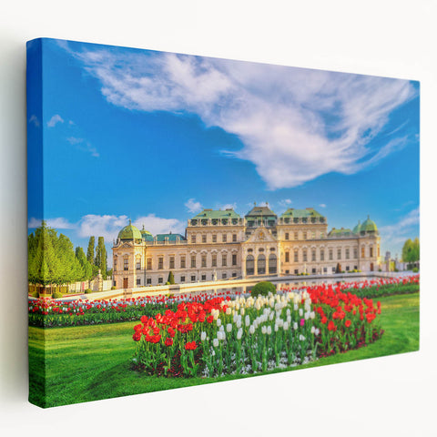 Scenic view of an Austrian village on stretched canvas, featuring muted earth tones, ideal for kitchen wall art.