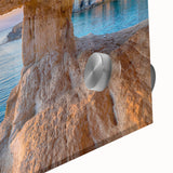 Large abstract wall art featuring a mid-century modernist European Cyprus scenery in muted earth tones.