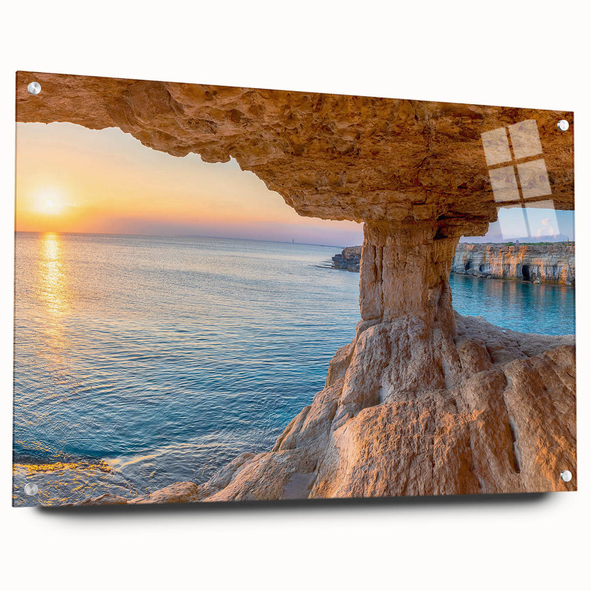 Large abstract wall art depicting a European Cyprus scenery in muted blue and green tones, acrylic glass format.
