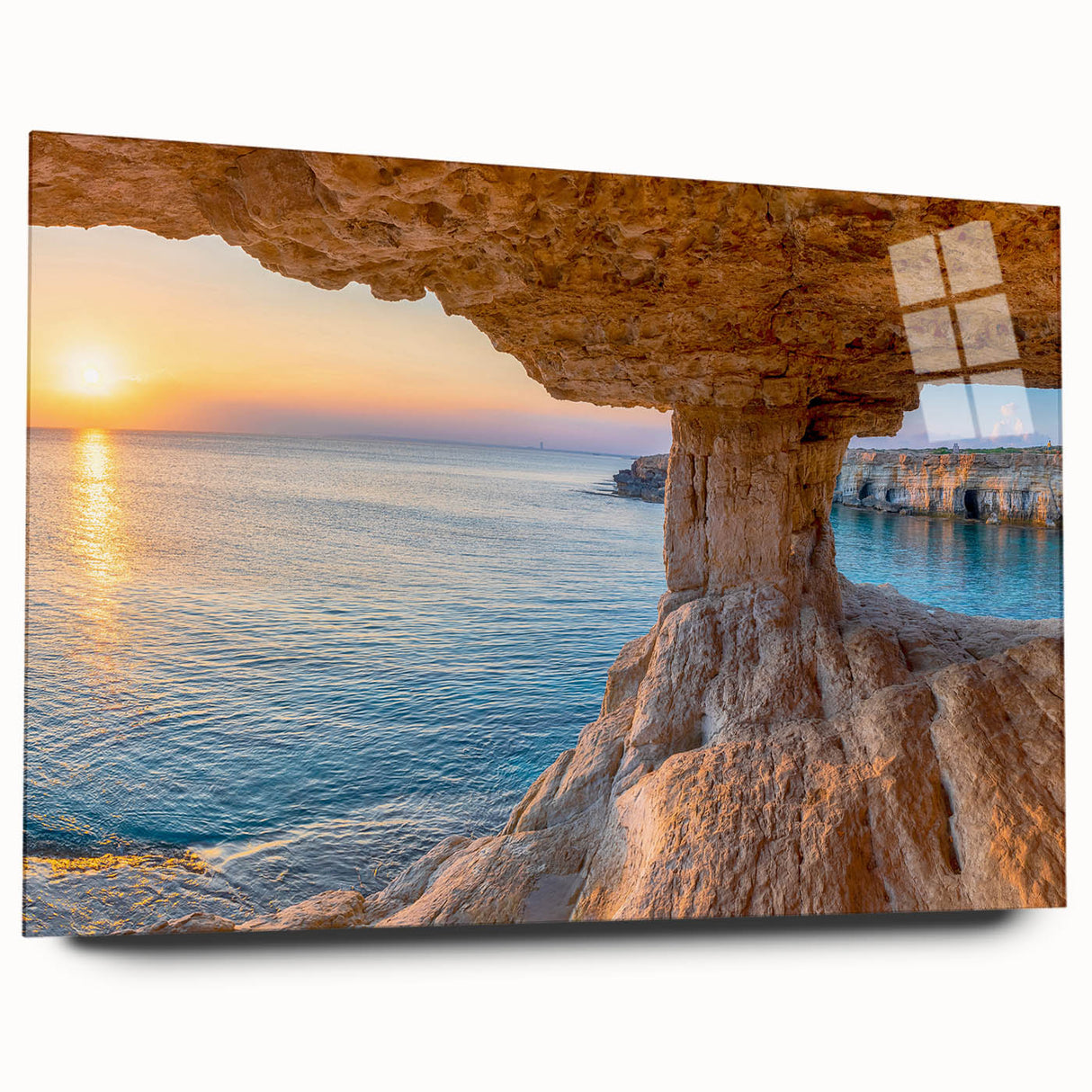 Large abstract wall art of a European Cyprus landscape in muted earth tones, printed on acrylic glass.