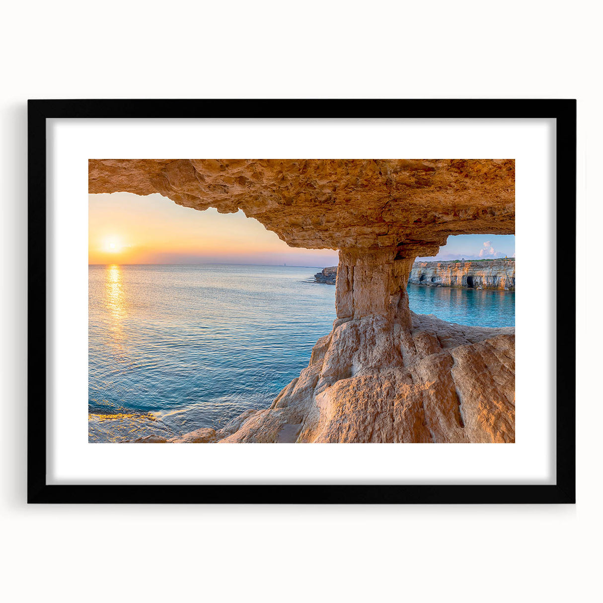 Extra large abstract art print of a vibrant, colorful European scenery on textured canvas, framed in black.