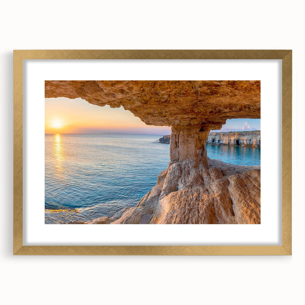 Abstract art print of a European Cyprus landscape in muted earth tones on a framed gold mat, ideal for dining room decor.