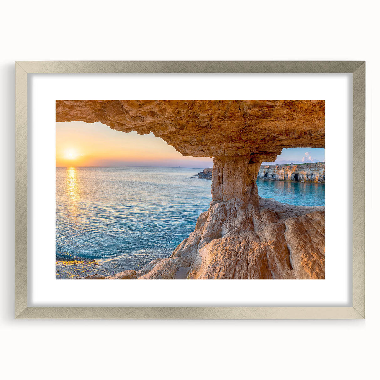 Extra large abstract art print of a European Cyprus landscape in textured silver frame, suitable for living room decor.