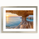 Extra large abstract art print of a European Cyprus landscape in textured silver frame, suitable for living room decor.