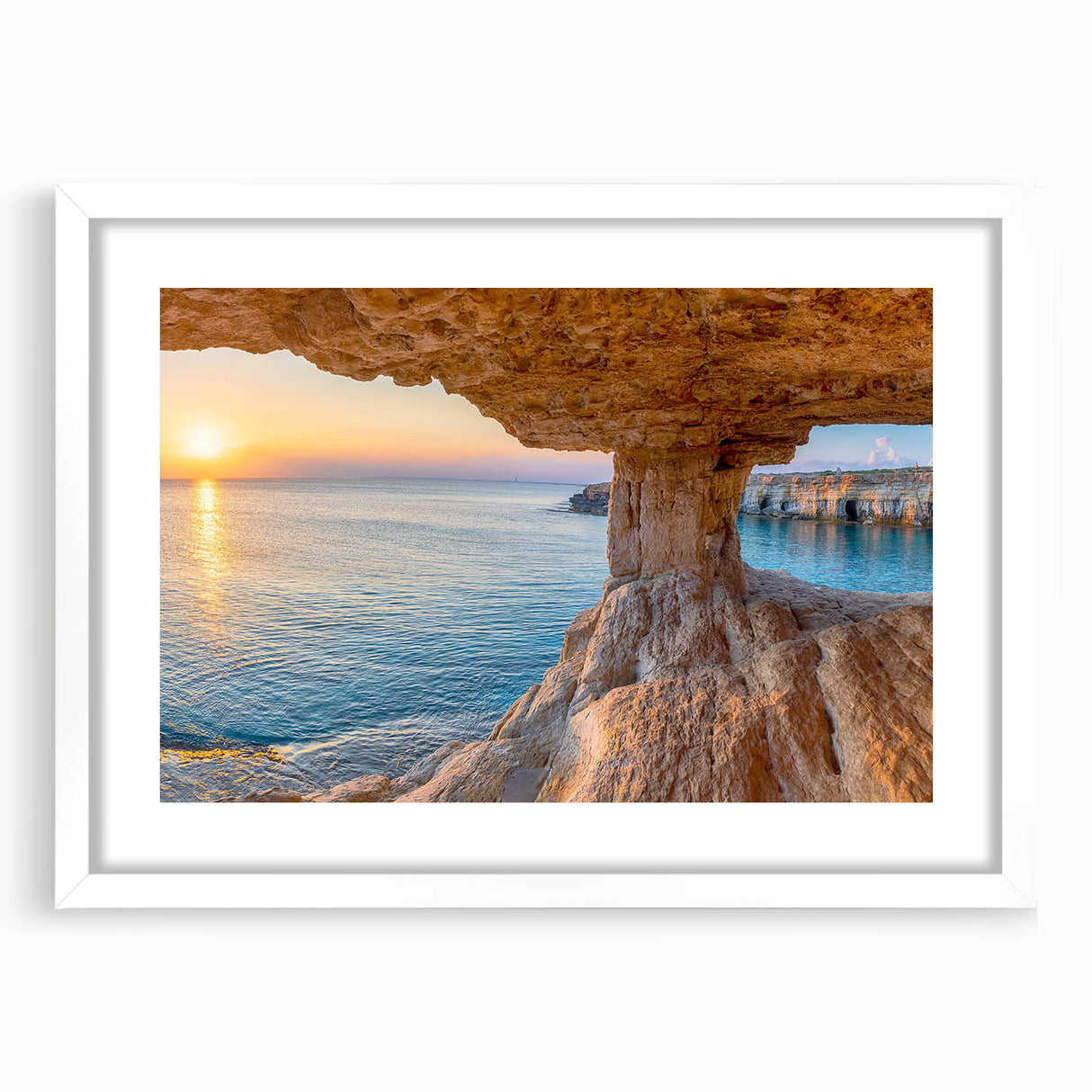 Textured abstract art print of a European Cyprus landscape in muted earth tones, framed with a white mat.