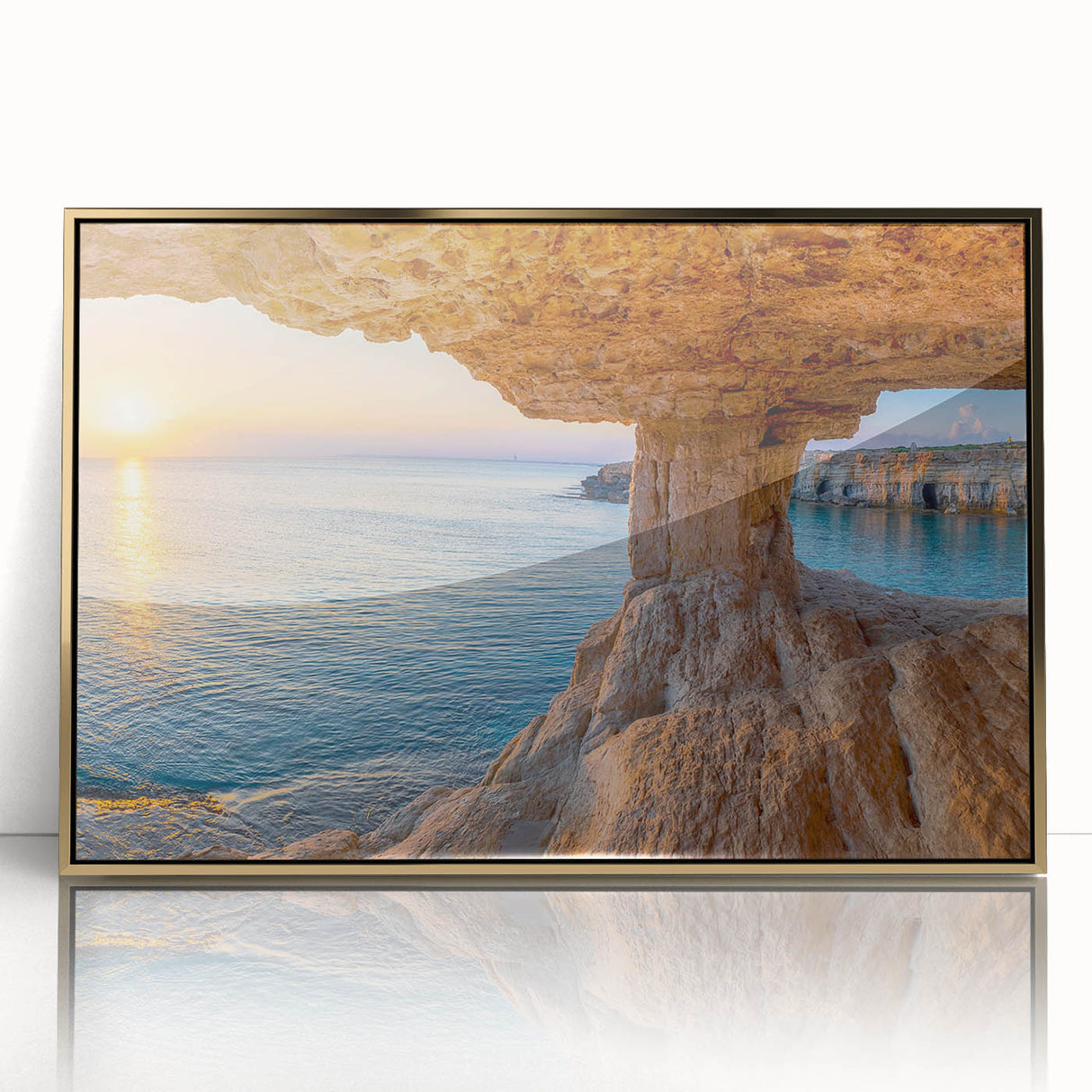 Framed acrylic print of a European Cyprus landscape in art deco style, with muted gold tones.