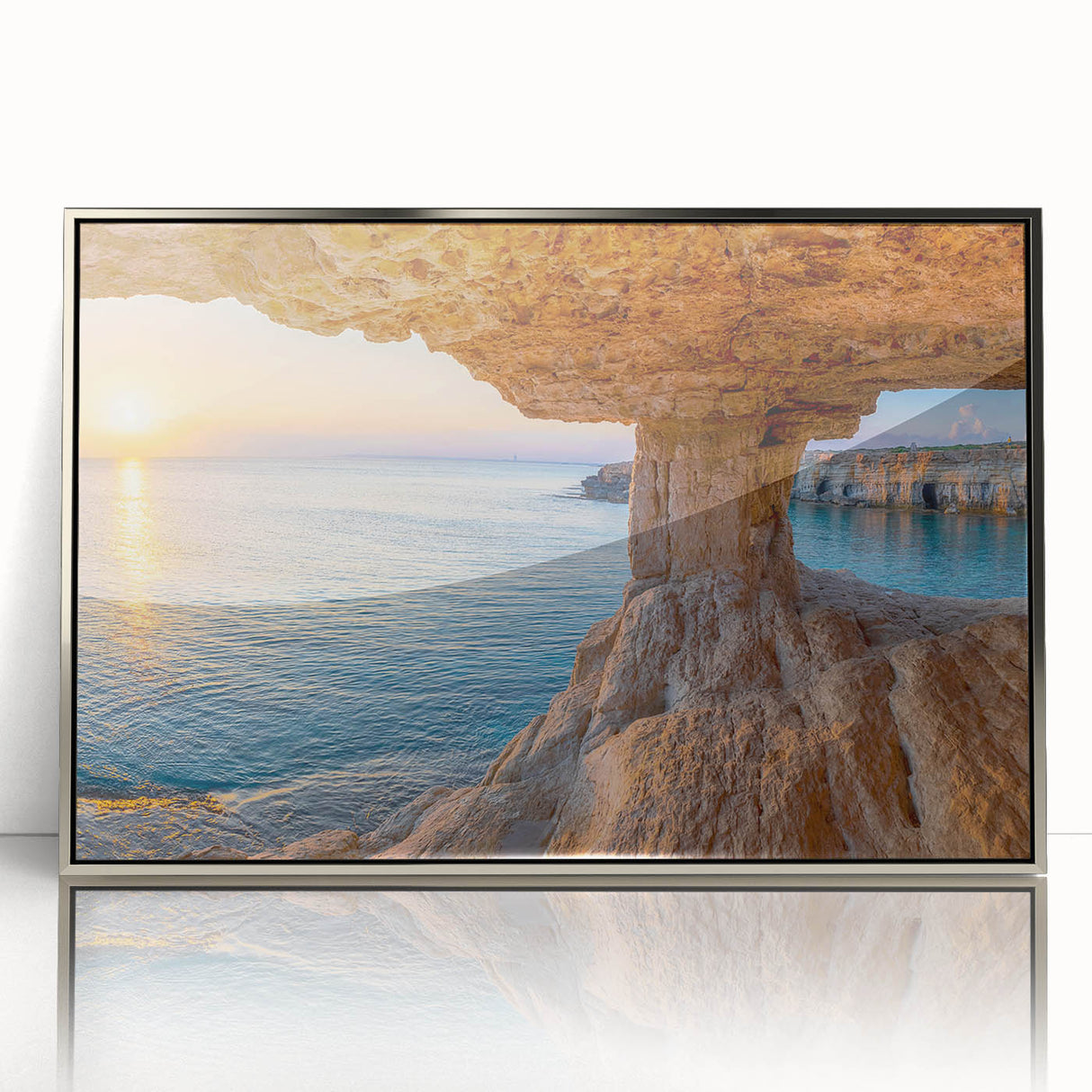 Large art print of a European Cyprus landscape in muted earth tones on a framed acrylic, ideal for modern art wall decor.