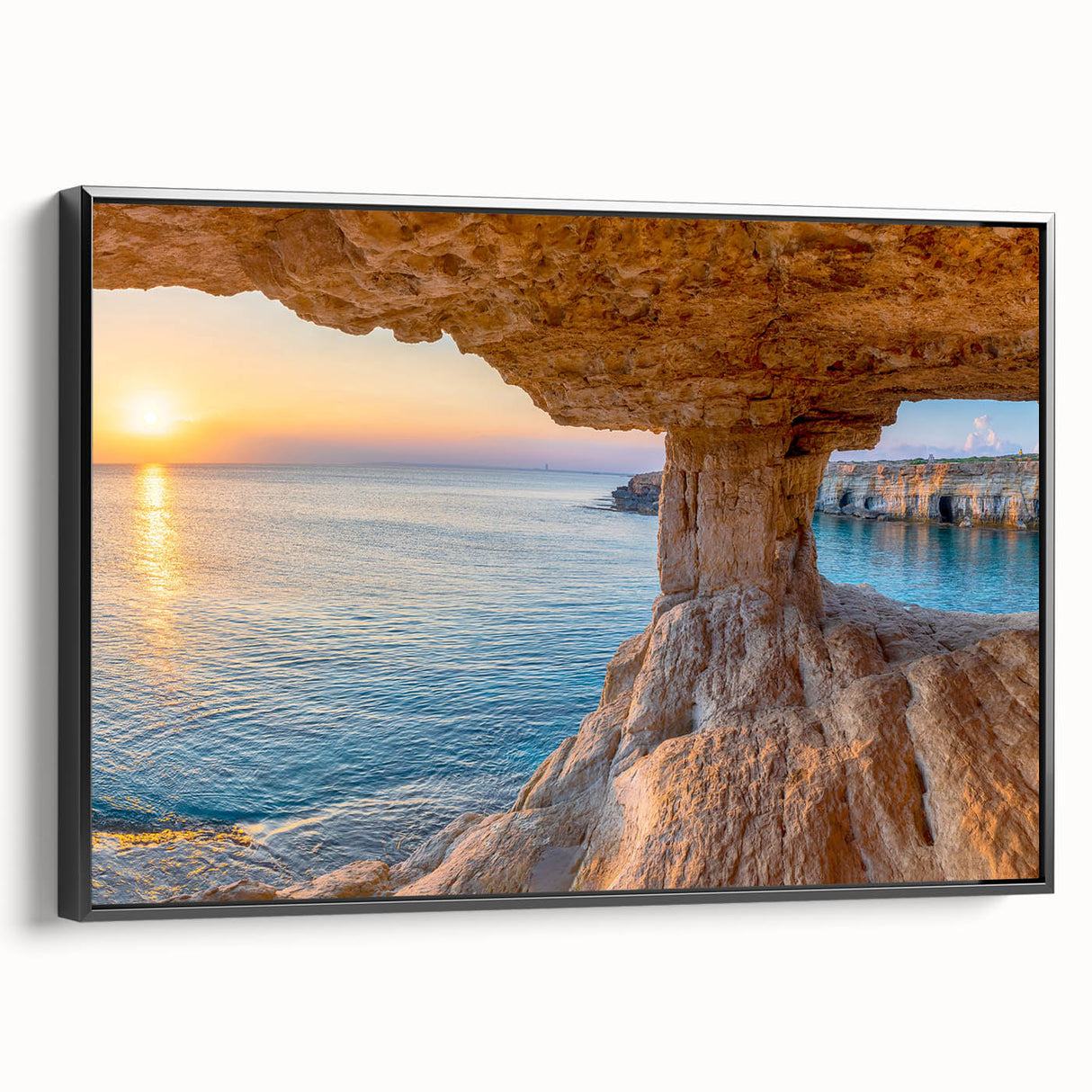 Framed canvas featuring a black and white vintage poster art of a Cyprus landscape, ideal for bedroom decor.