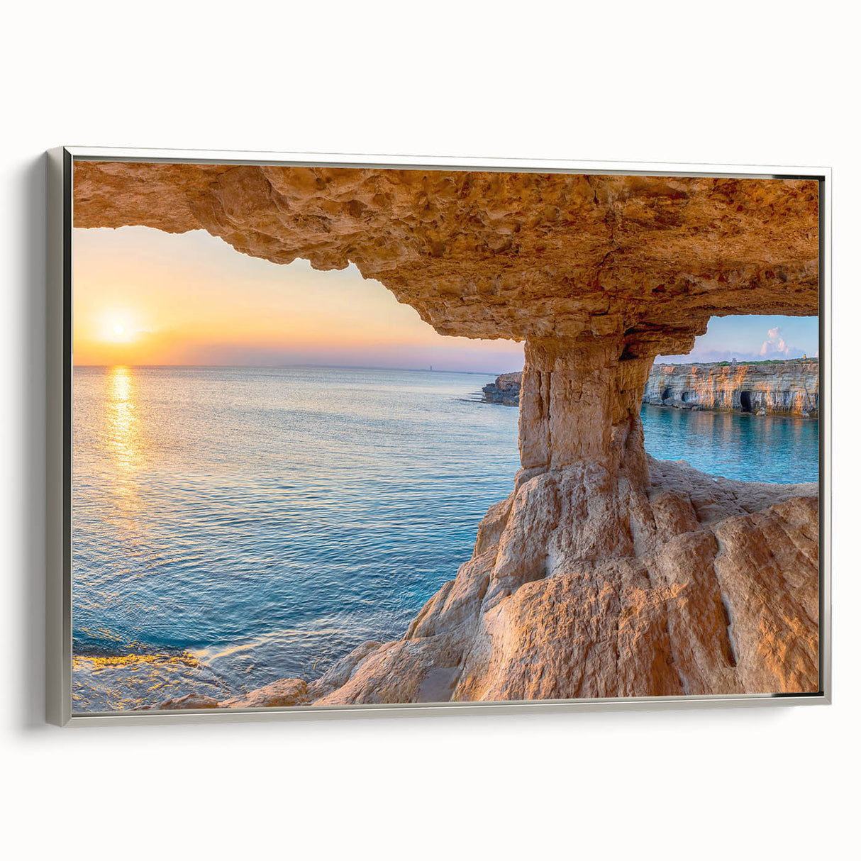Landscape art painting of a European Cyprus scenery on framed canvas, featuring vibrant colors against a black background.