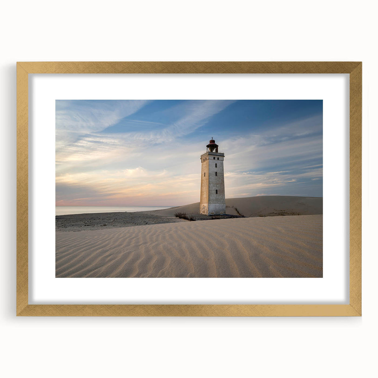 Abstract art print of a European scenery in Denmark, with muted earth tones on a gold-framed canvas.