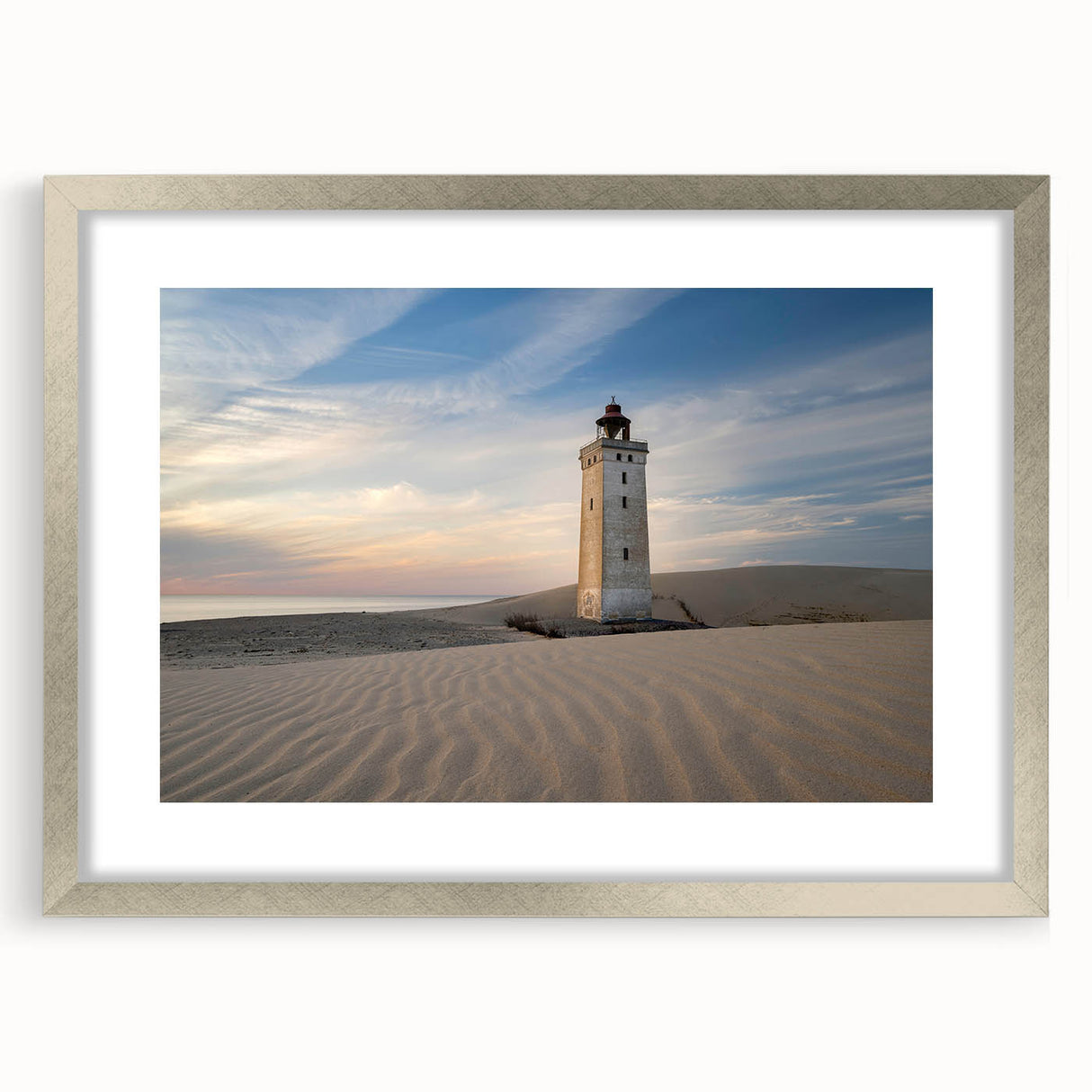 Extra large abstract art print of a European scenery in muted gray and blue tones, framed with a silver mat.