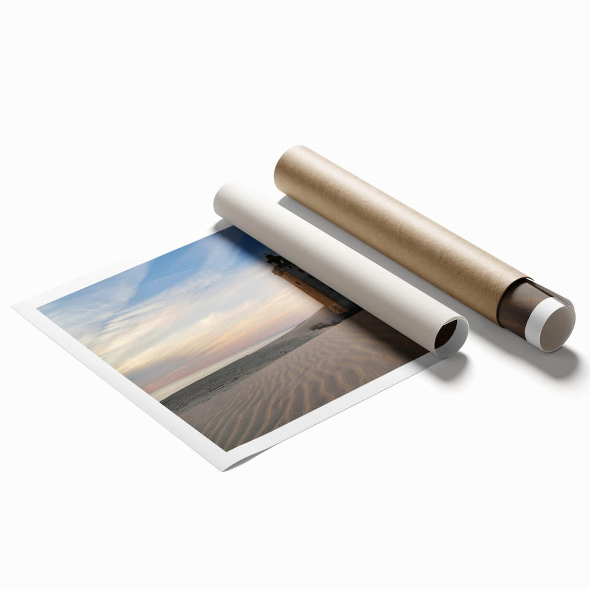Extra large rolled print of a Danish landscape with muted green and brown floral elements.