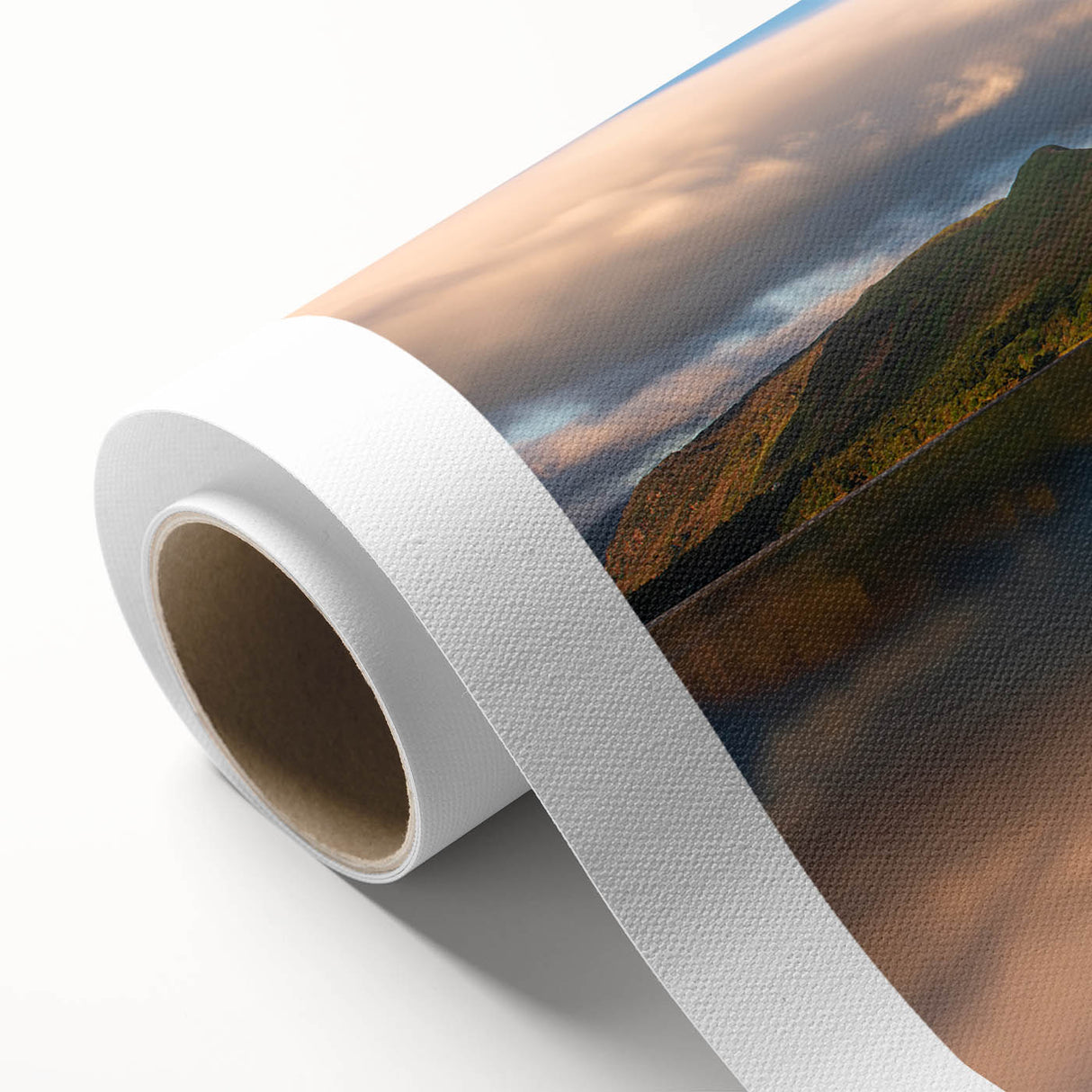 Art Deco poster of Cumbria, England scenery on rolled canvas, displaying muted green and blue tones.