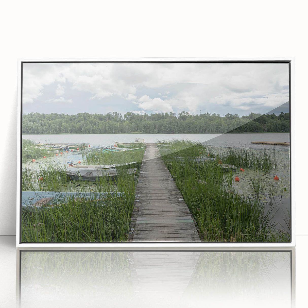 Mid-century modernist art depicting a serene European landscape in muted earth tones on a framed acrylic.