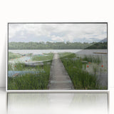 Mid-century modernist art depicting a serene European landscape in muted earth tones on a framed acrylic.