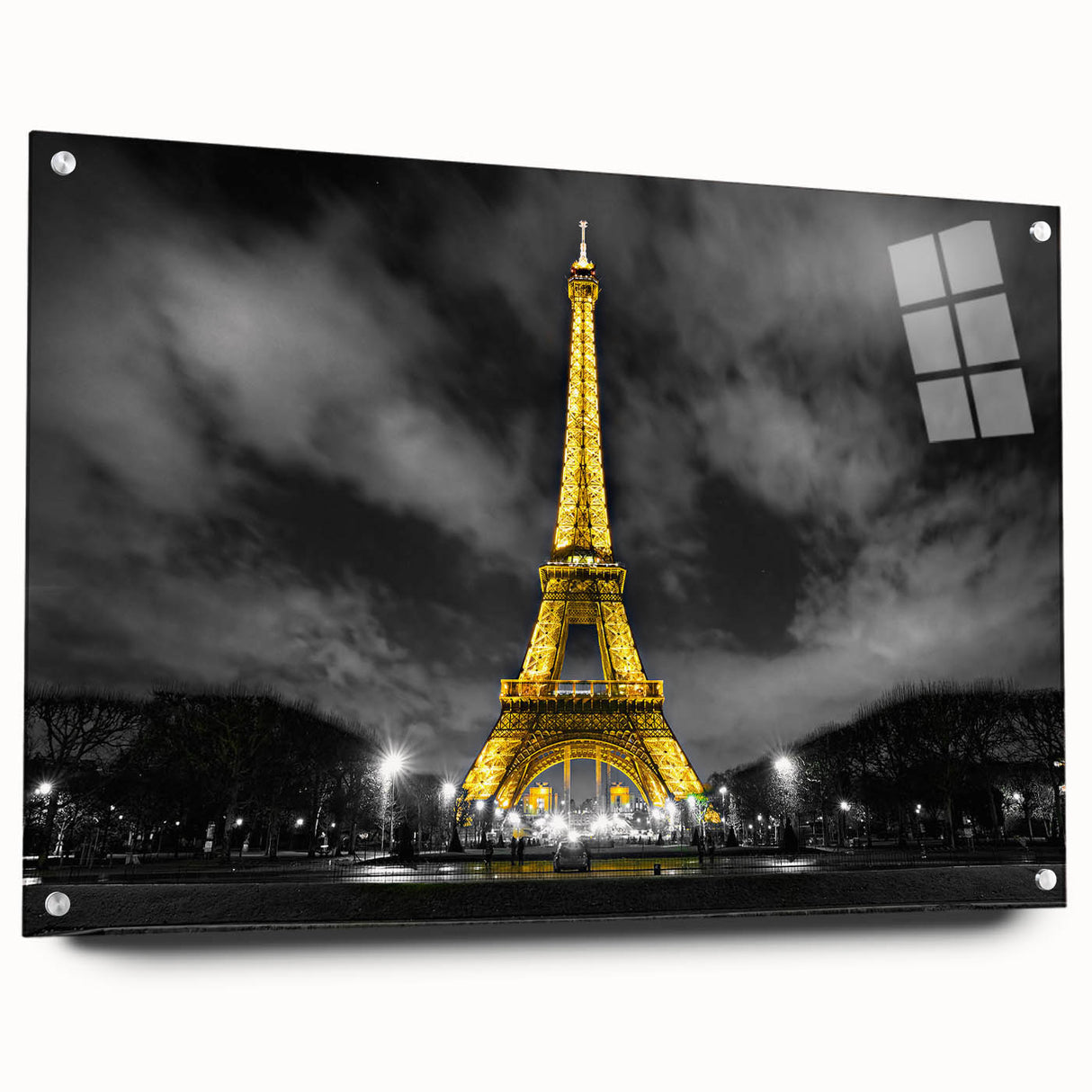 Acrylic print of a Parisian landscape in muted blue and gray tones, ideal for dining room decor.
