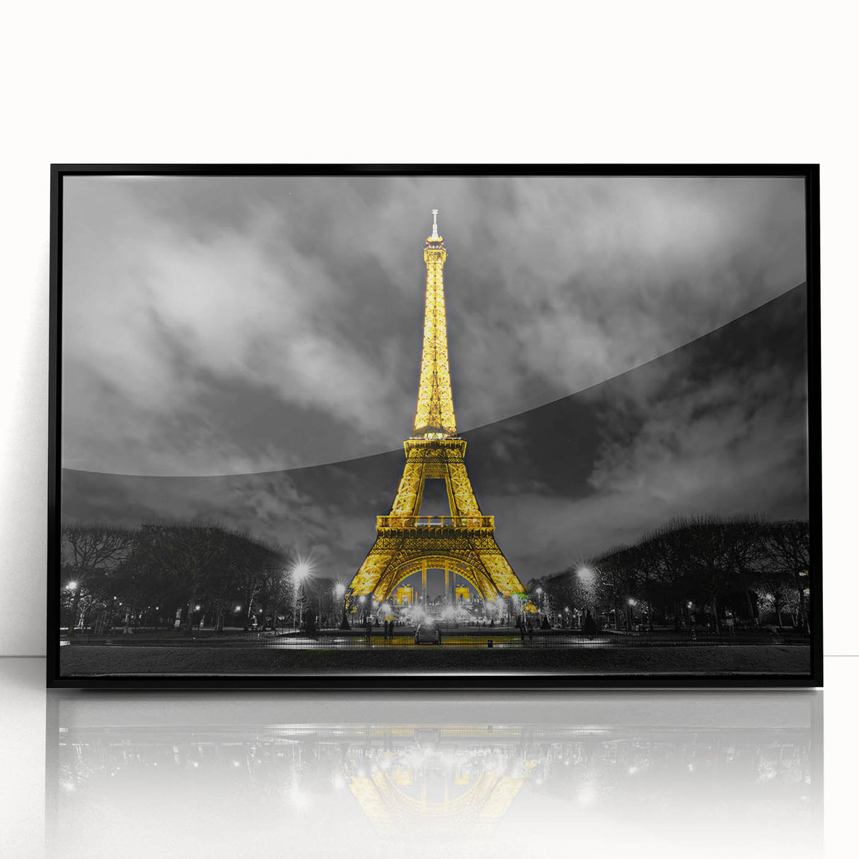 Large abstract wall art depicting the Paris skyline in muted gray and blue tones on a framed acrylic.