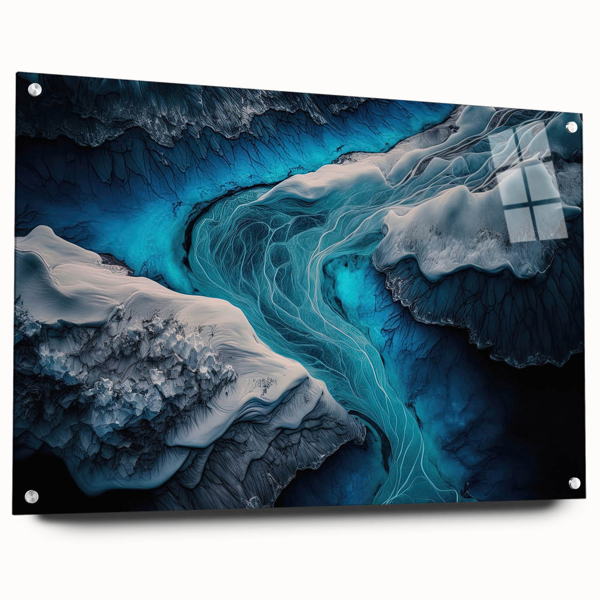 Large abstract wall art of a European Icelandic scenery in muted gray and blue tones on acrylic glass.
