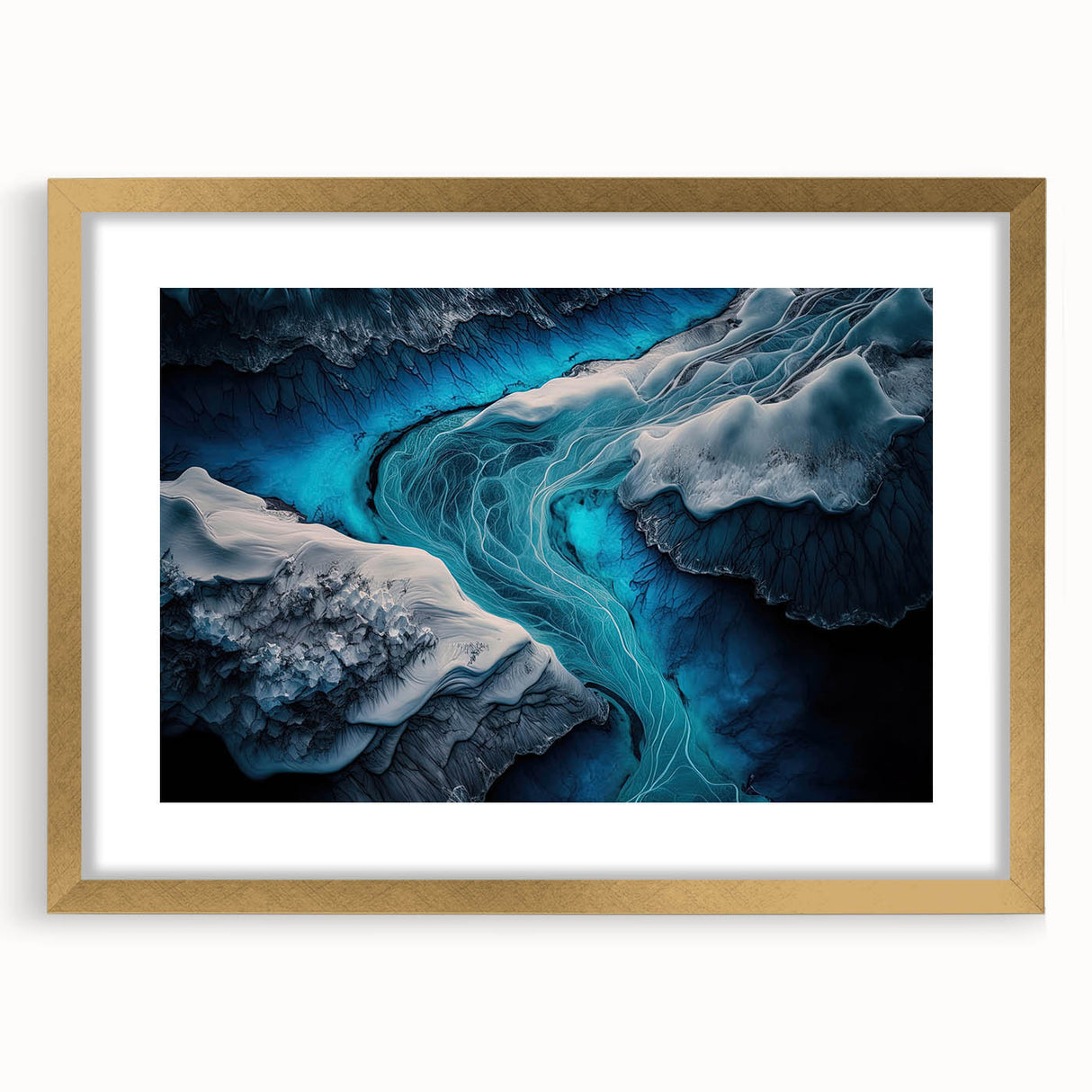 Abstract art print of a European Icelandic landscape in muted earth tones on a framed canvas.