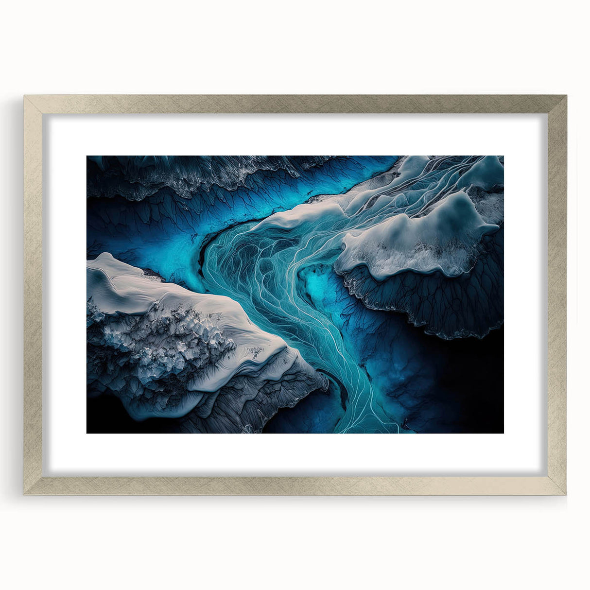 Extra large abstract art print of a textured Icelandic landscape in muted earth tones, framed in silver.
