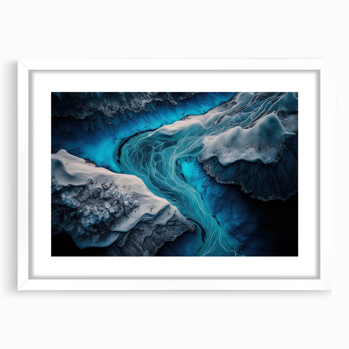 Textured art of abstract Icelandic scenery in muted gray and blue tones on a white framed mat, ideal for bedroom decor.